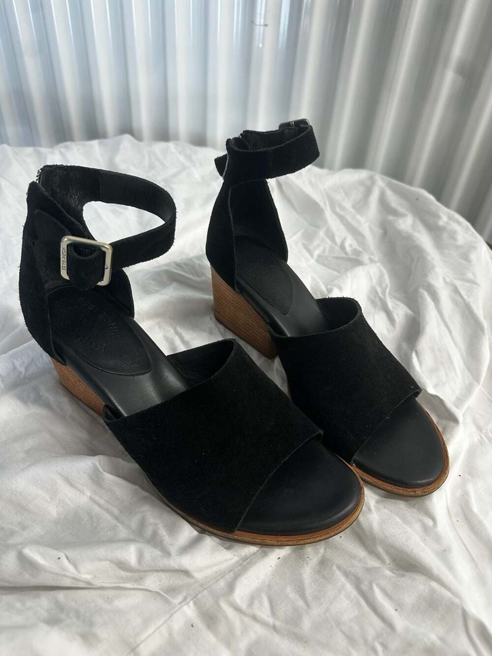 Kork-Ease Black Suede Ankle Strap Wedge Sandals Size 10M